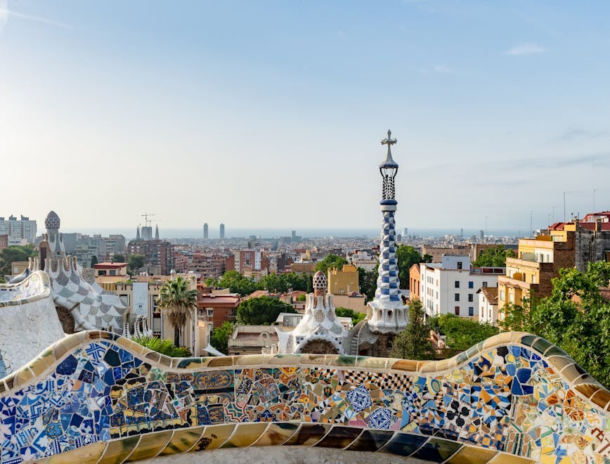 barcelona catalan gaudi antoni gaudi park skyline view city architecture building cityscape urban person metropolis art neighborhood