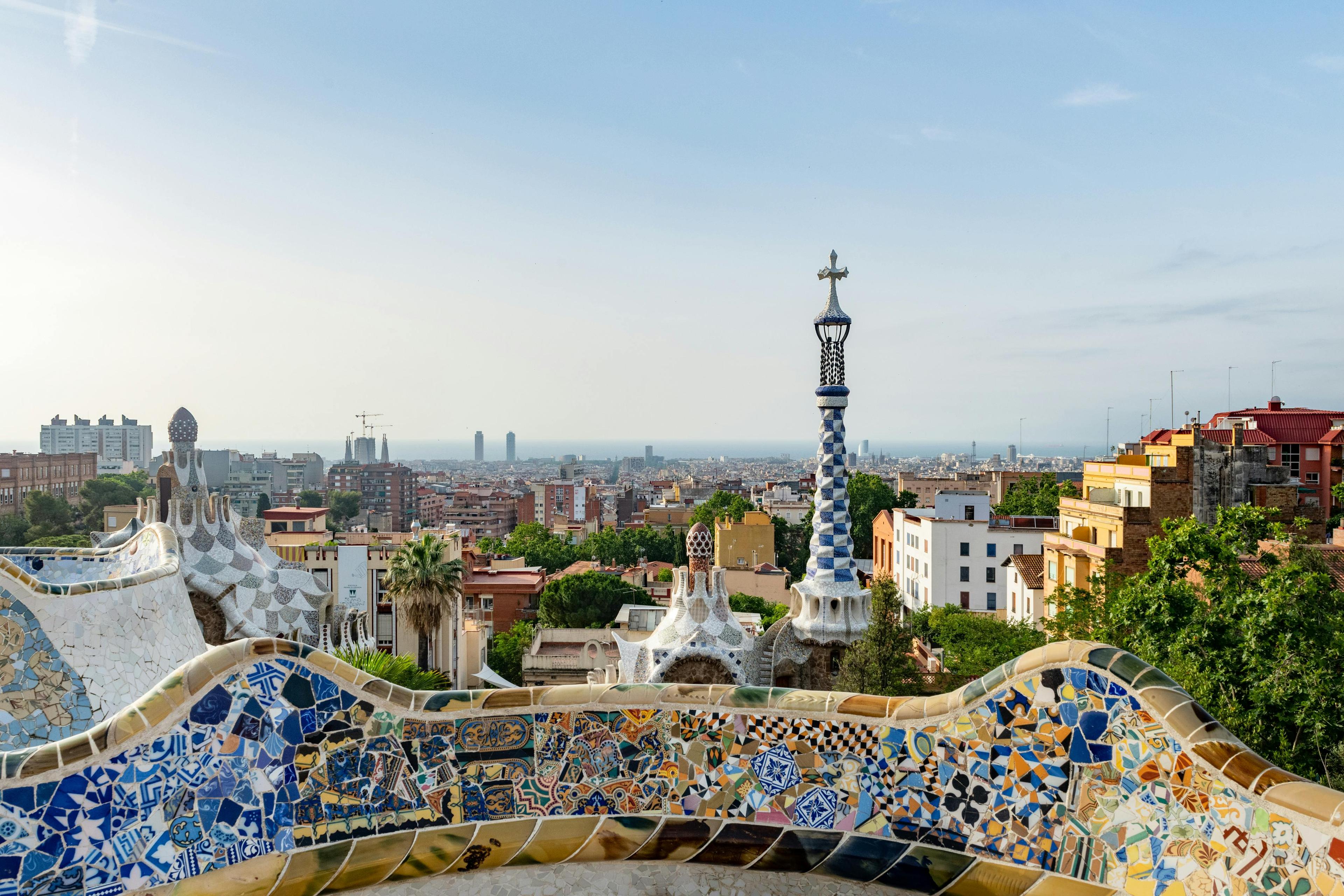 barcelona catalan gaudi antoni gaudi park skyline view city architecture building cityscape urban person metropolis art neighborhood